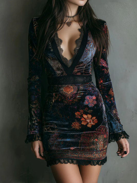Églantine | Mini Robe Ajustée en Velours à Imprimé Floral, Col V et Bordure en Dentelle