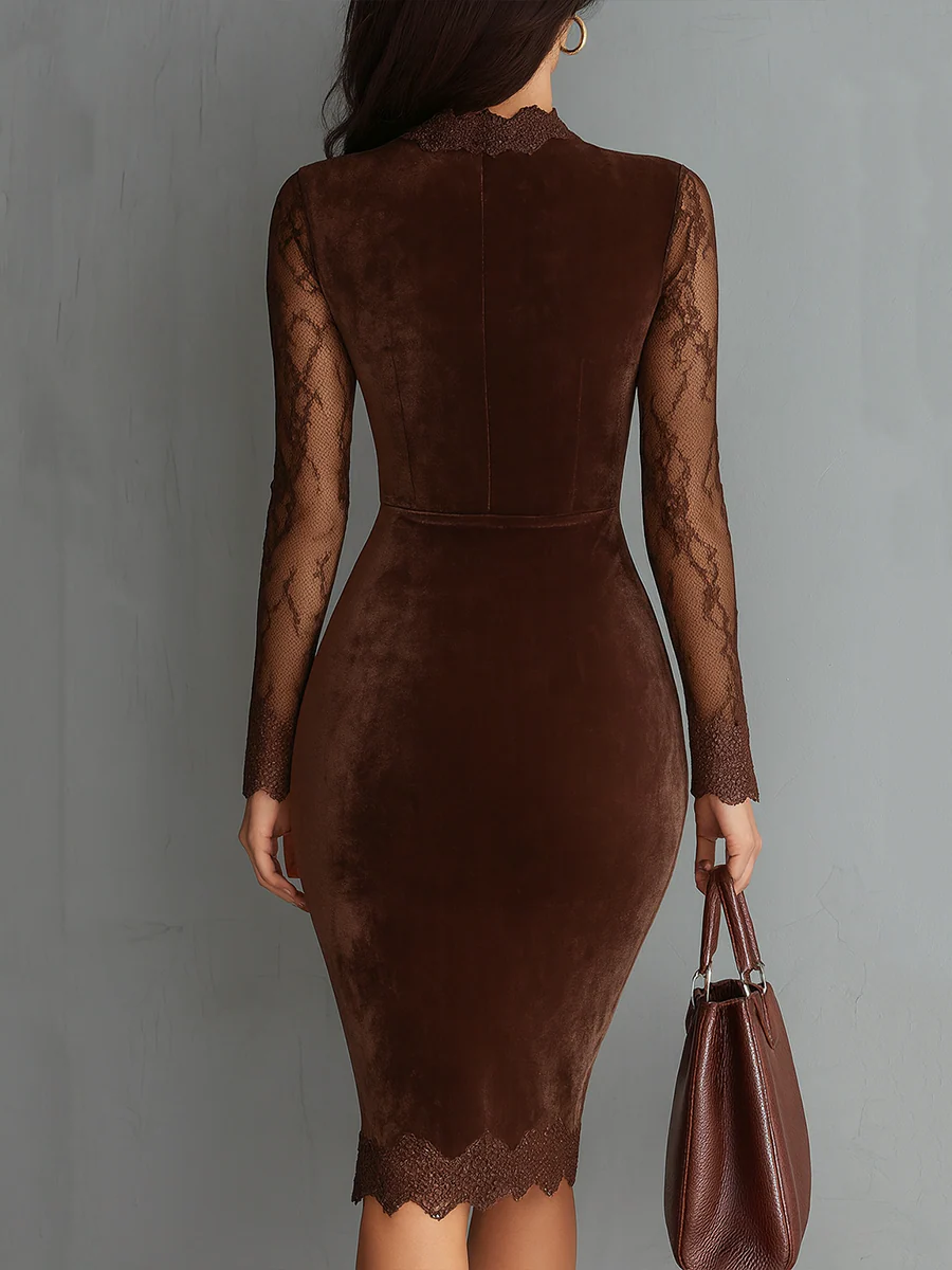 Bérénice | Mini Robe en Velours Marron Vintage à Décolleté Goutte d'Eau et Manches en Dentelle