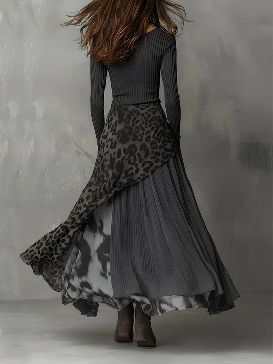 Gabrielle | Robe Maxi Grise à Rayures et Imprimé Léopard, Ourlet Asymétrique