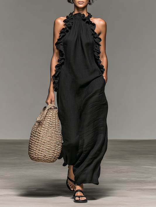 Honorine | Robe Maxi Sans Manches en Mélange de Lin à Détails de Volants