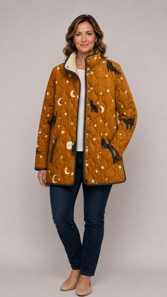 Maylis | Veste Matelassée Noire à Motif Chat