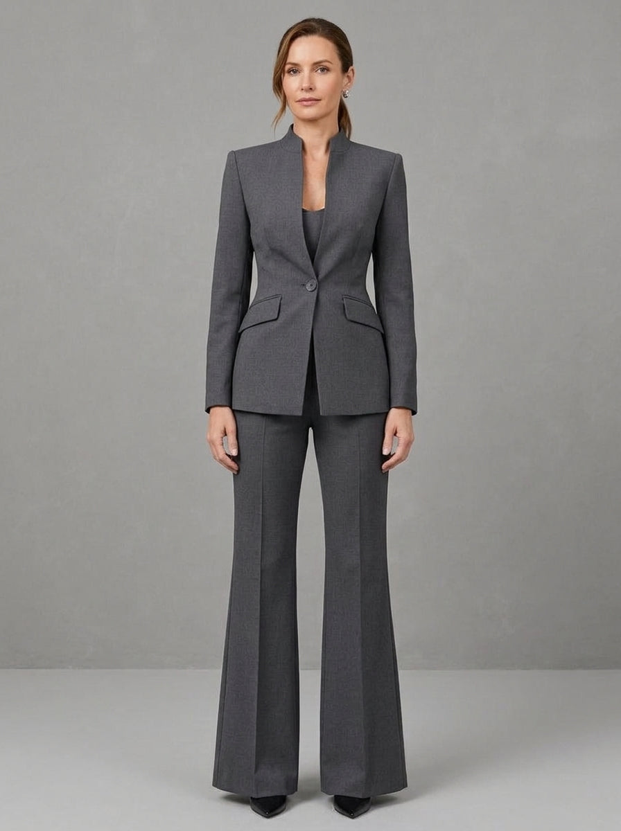 Alda - Ensemble Blazer Col Officier à Décolleté en V et Pantalon Évasé, Gris Anthracite — photo 1