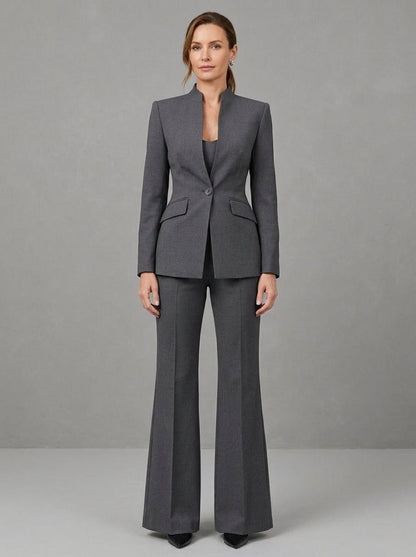 Alda - Ensemble Blazer Col Officier à Décolleté en V et Pantalon Évasé, Gris Anthracite — photo 1