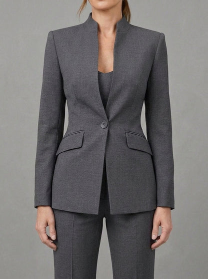 Alda - Ensemble Blazer Col Officier à Décolleté en V et Pantalon Évasé, Gris Anthracite — photo 3