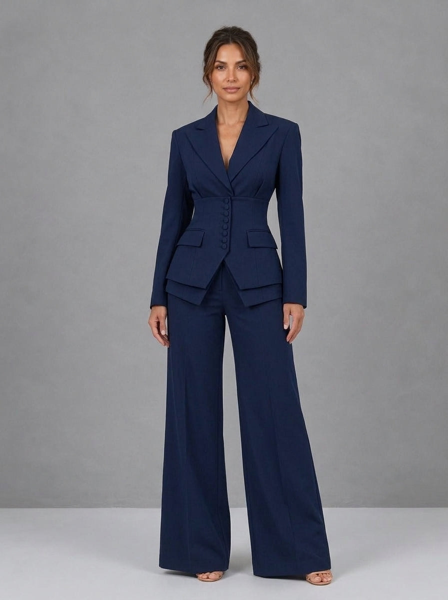 Alina - Ensemble Blazer à Petits Boutons Recouverts et Pantalon Palazzo, Bleu Marine — photo 1
