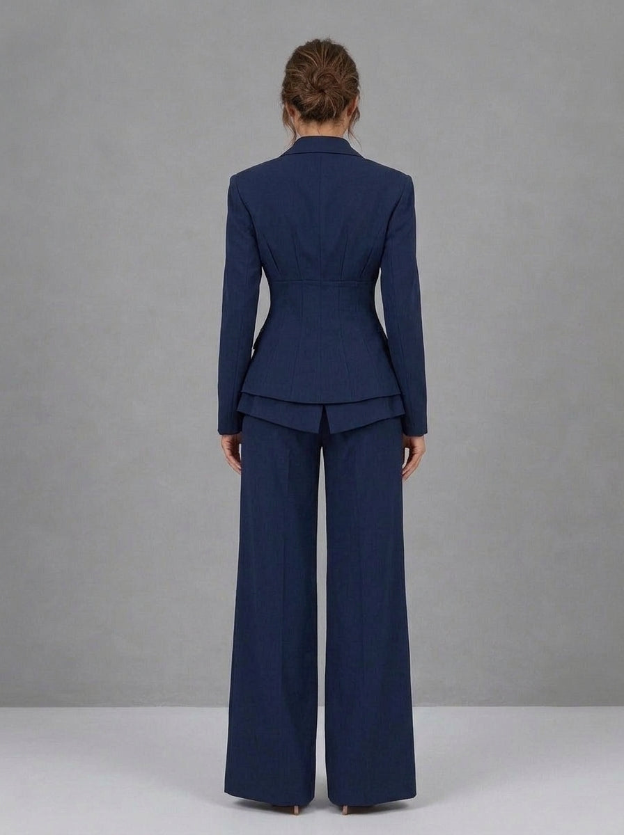 Alina - Ensemble Blazer à Petits Boutons Recouverts et Pantalon Palazzo, Bleu Marine — photo 2