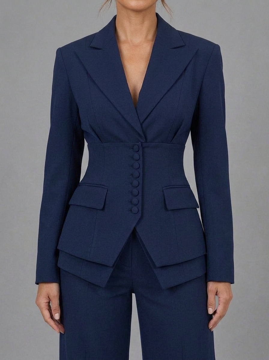 Alina - Ensemble Blazer à Petits Boutons Recouverts et Pantalon Palazzo, Bleu Marine — photo 3