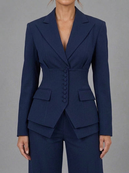 Alina - Ensemble Blazer à Petits Boutons Recouverts et Pantalon Palazzo, Bleu Marine — photo 3