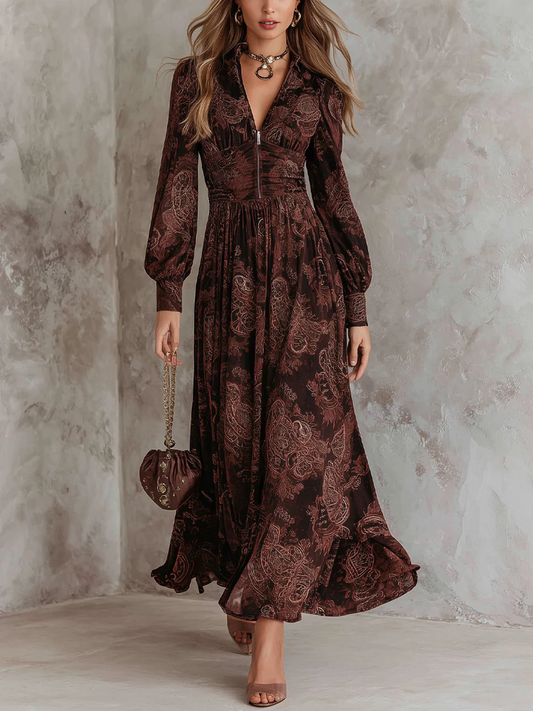 Marlène | Robe Midi à Imprimé Cachemire et Zip à l'Encolure