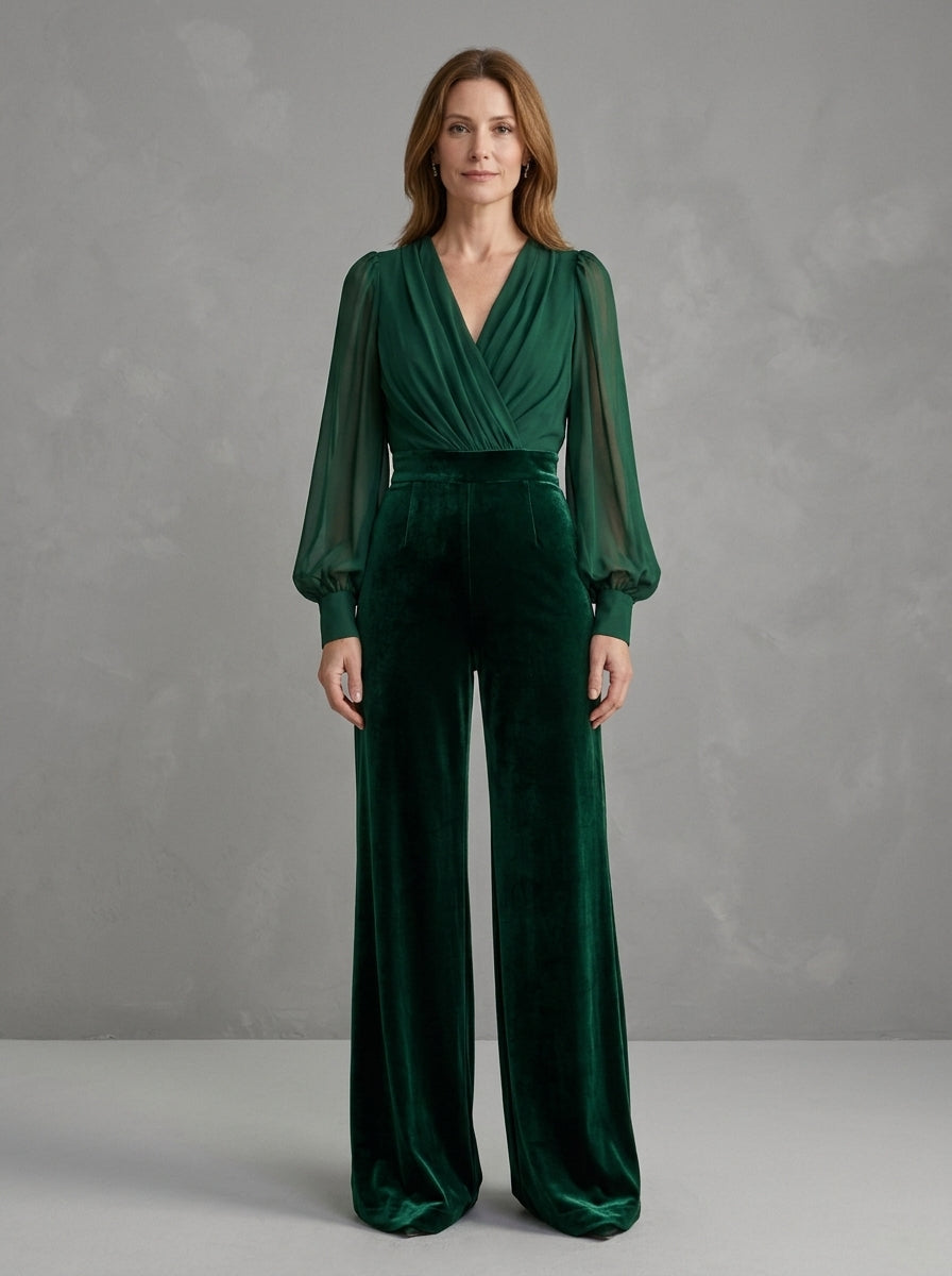 Bernadette - Combinaison à Décolleté en V Croisé, Manches Transparentes et Pantalon en Velours, Vert Forêt — photo 1