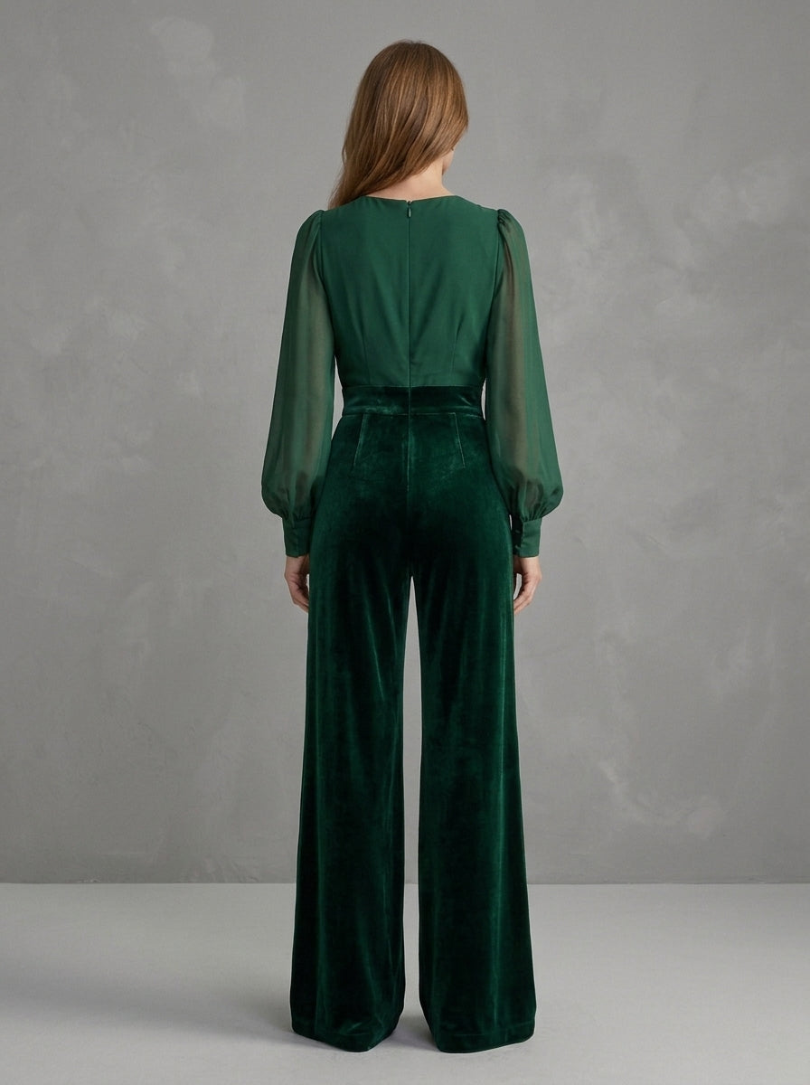 Bernadette - Combinaison à Décolleté en V Croisé, Manches Transparentes et Pantalon en Velours, Vert Forêt — photo 2
