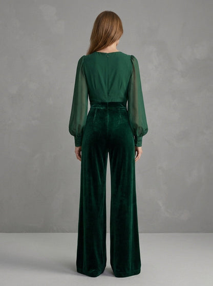 Bernadette - Combinaison à Décolleté en V Croisé, Manches Transparentes et Pantalon en Velours, Vert Forêt — photo 2