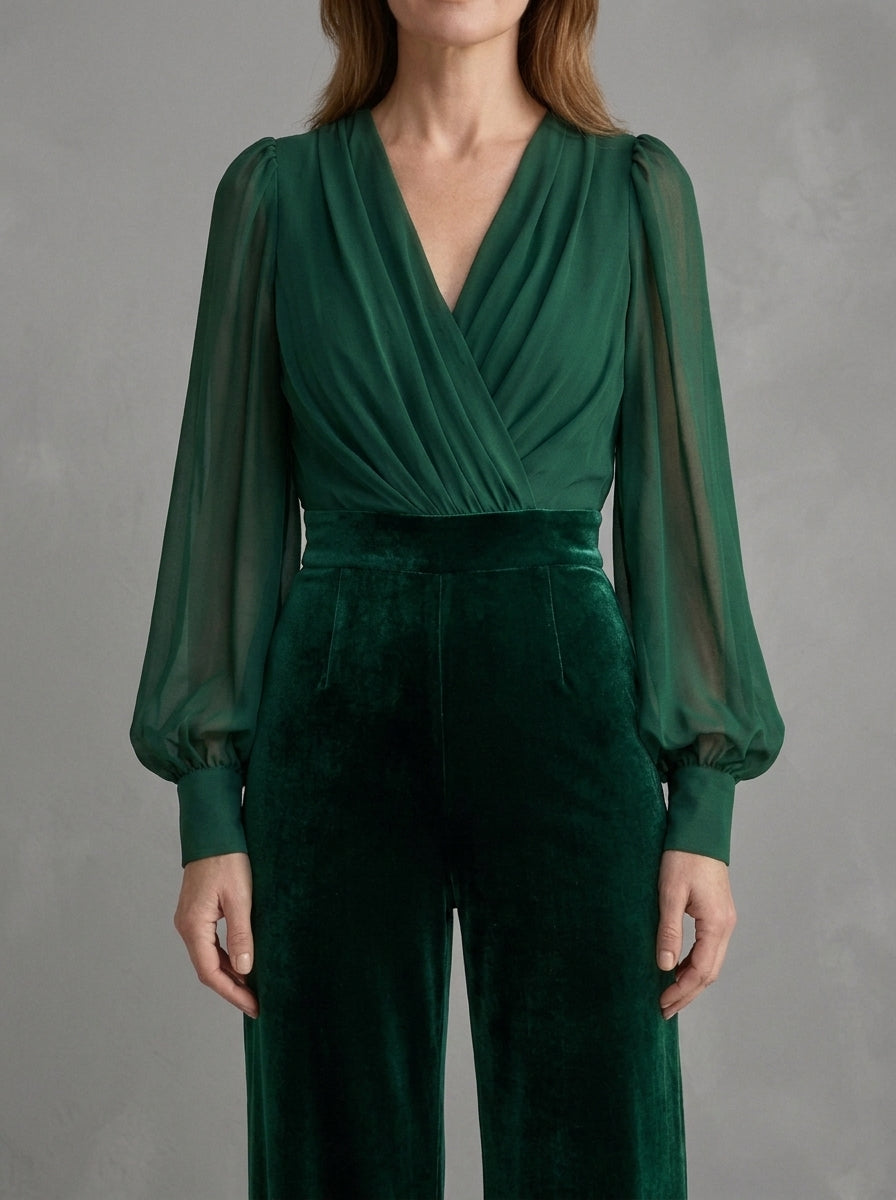 Bernadette - Combinaison à Décolleté en V Croisé, Manches Transparentes et Pantalon en Velours, Vert Forêt — photo 3