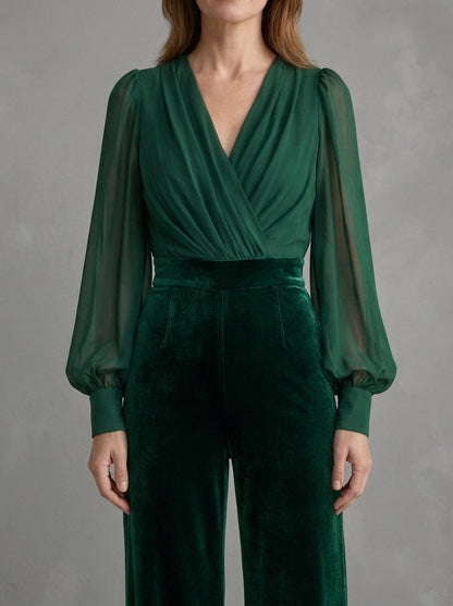 Bernadette - Combinaison à Décolleté en V Croisé, Manches Transparentes et Pantalon en Velours, Vert Forêt — photo 3