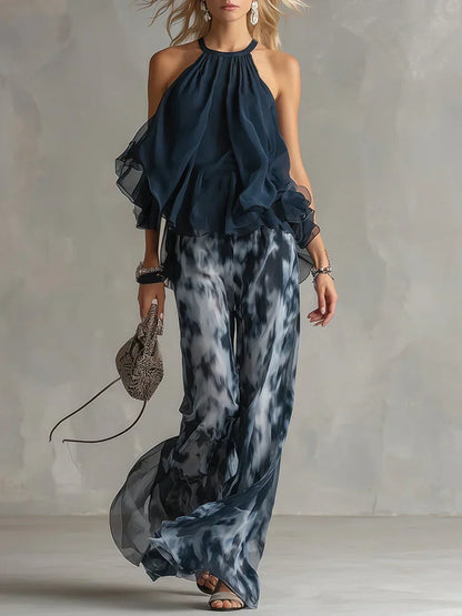 Ludivine – Ensemble Élégant en Mousseline avec Top Col Haut et Pantalon Large Imprimé