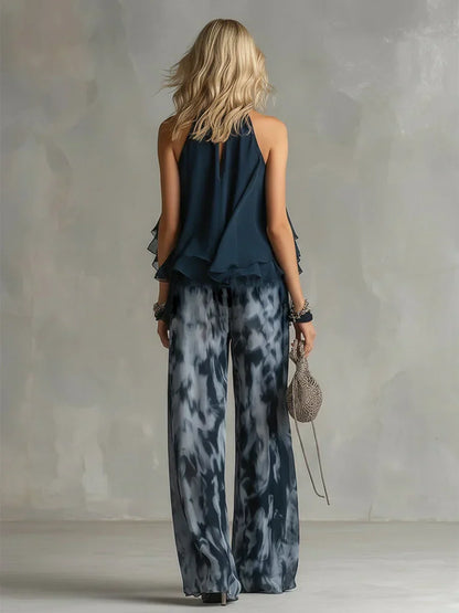 Ludivine – Ensemble Élégant en Mousseline avec Top Col Haut et Pantalon Large Imprimé