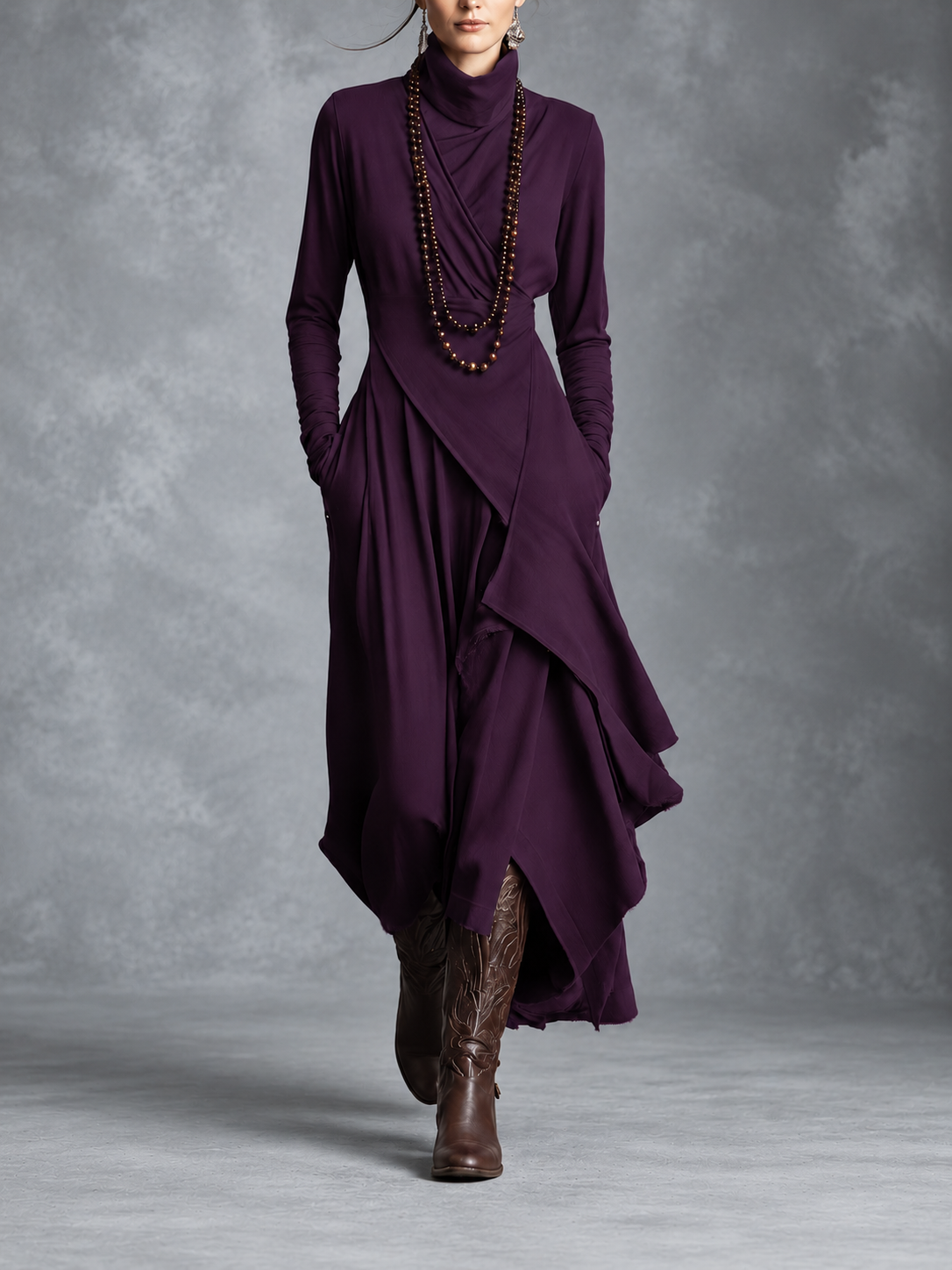 Édith - Robe Maxi Bohème en Coton à Col Montant et Drapé Asymétrique