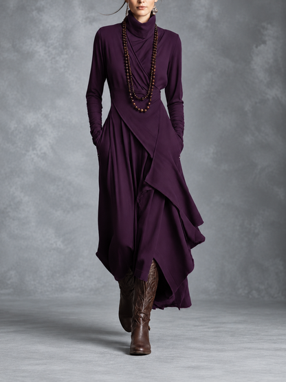 Édith - Robe Maxi Bohème en Coton à Col Montant et Drapé Asymétrique