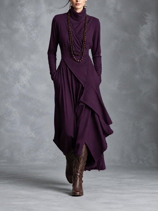 Édith - Robe Maxi Bohème en Coton à Col Montant et Drapé Asymétrique