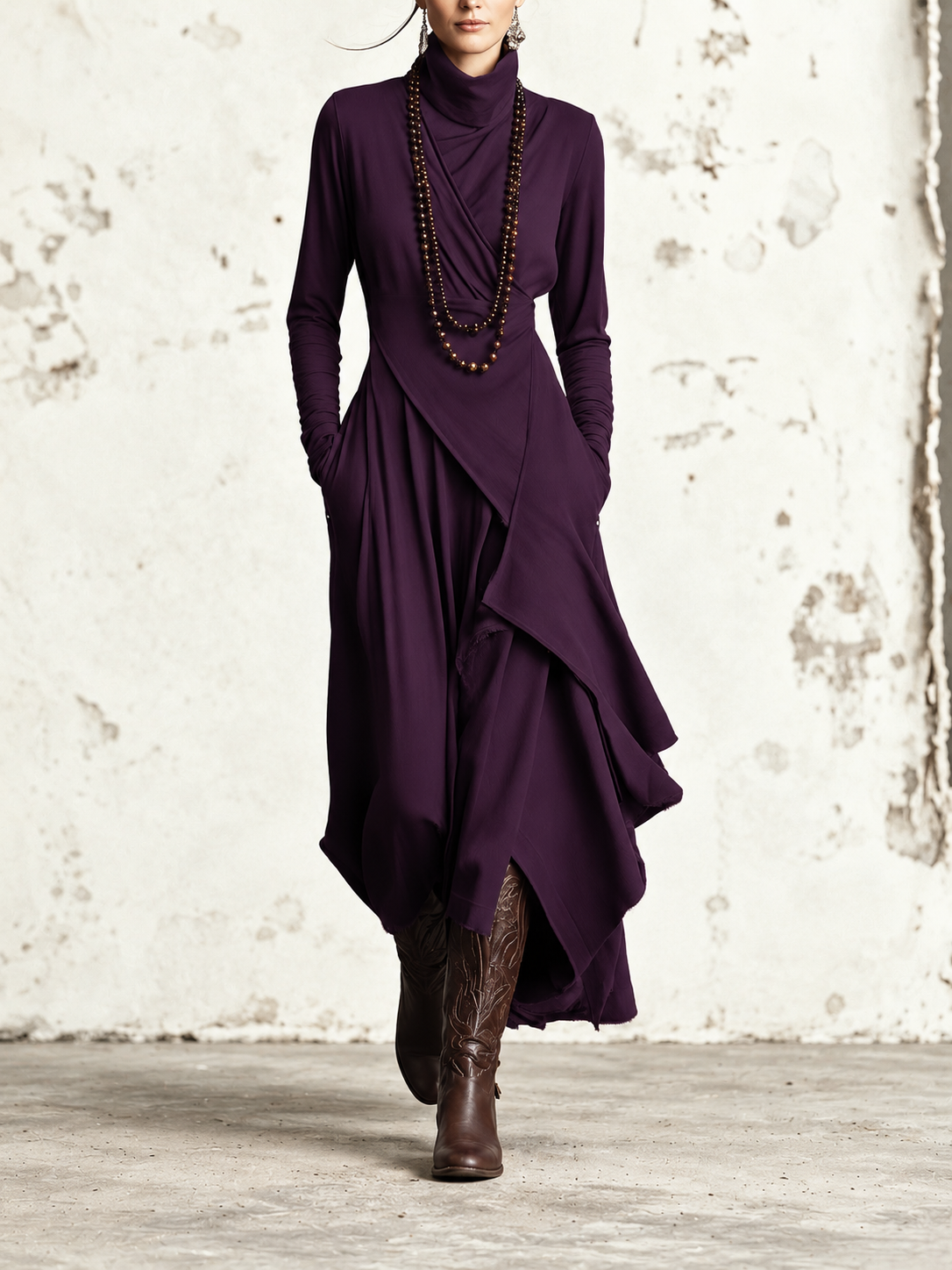 Édith - Robe Maxi Bohème en Coton à Col Montant et Drapé Asymétrique