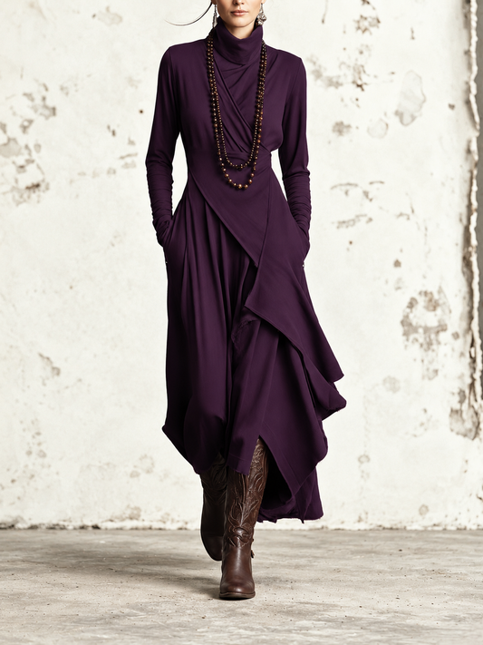 Édith - Robe Maxi Bohème en Coton à Col Montant et Drapé Asymétrique
