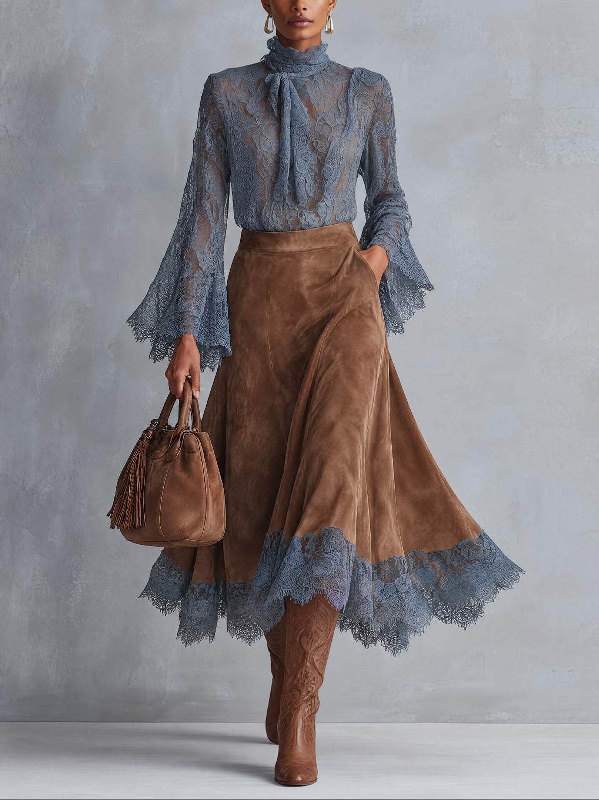 Marie-Sophie - Ensemble Blouse en Dentelle et Jupe Midi Camel