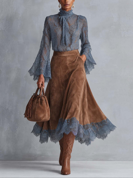 Marie-Sophie - Ensemble Blouse en Dentelle et Jupe Midi Camel