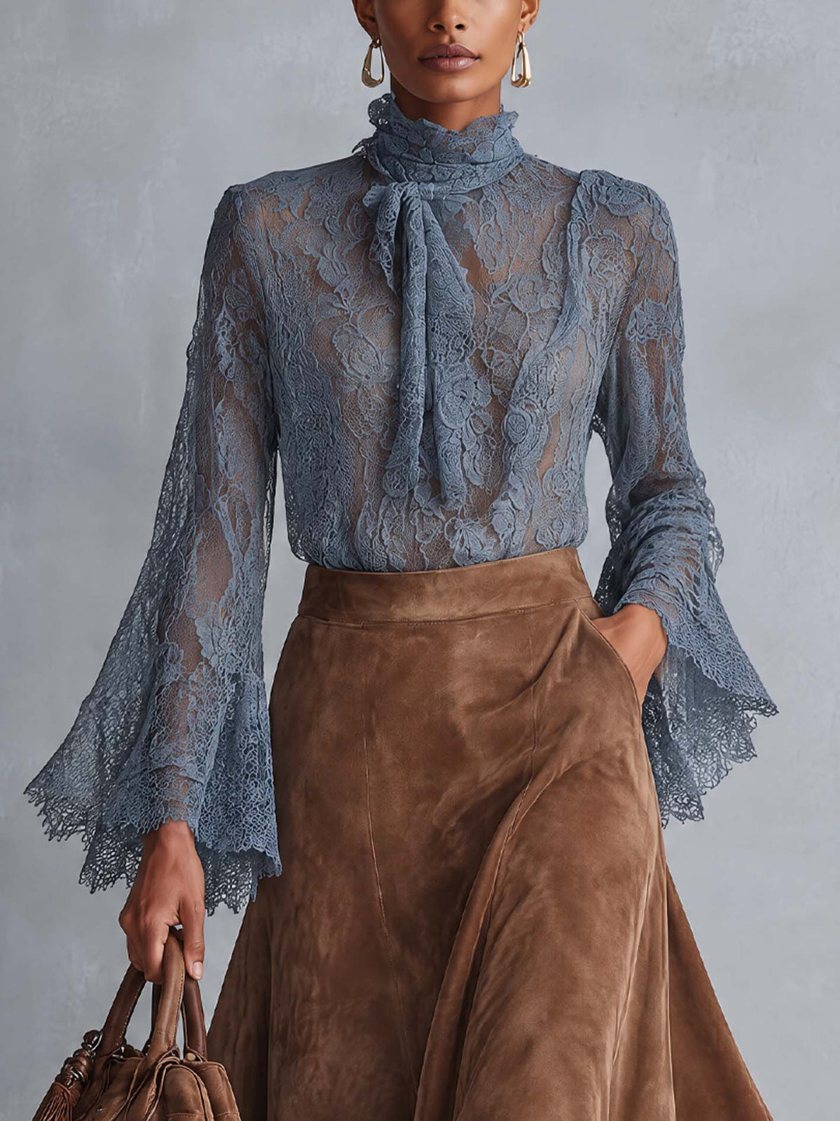 Marie-Sophie - Ensemble Blouse en Dentelle et Jupe Midi Camel