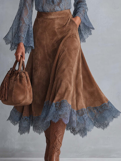 Marie-Sophie - Ensemble Blouse en Dentelle et Jupe Midi Camel
