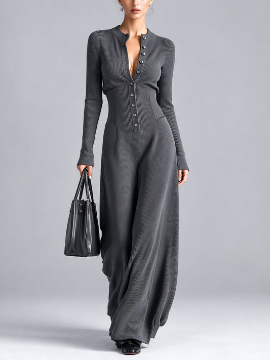 Anne-Gaëlle - Robe Maxi Grise à Boutons et Taille Marquée