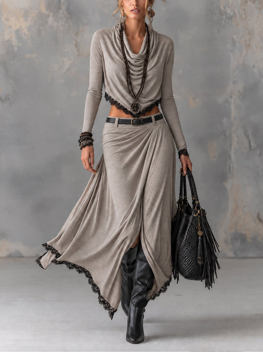 Gersende - Ensemble Gris à Dentelle et Jupe Fendue