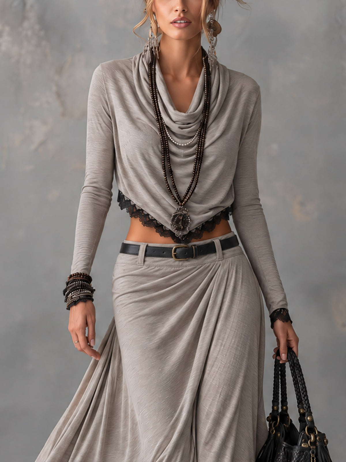 Gersende - Ensemble Gris à Dentelle et Jupe Fendue