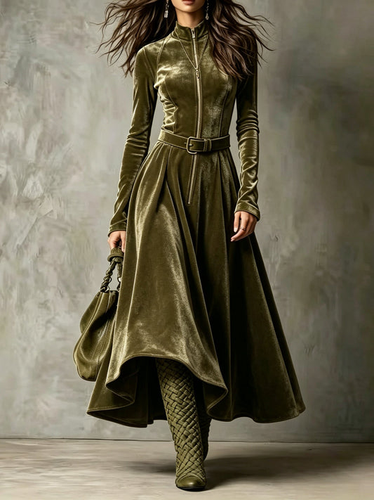 Marie-Pierre - Robe Longue en Velours à Zip et Ceinture