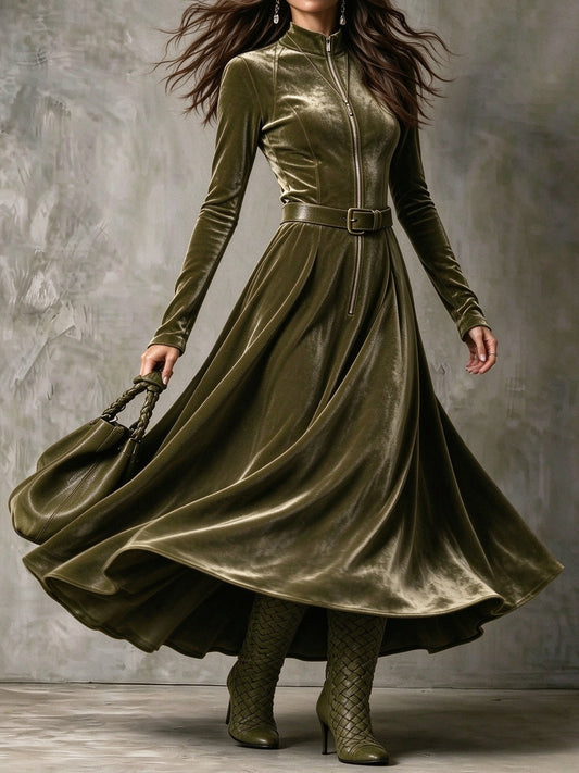 Marie-Pierre - Robe Longue en Velours à Zip et Ceinture