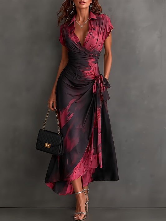 Marie-Christine - Robe Portefeuille à Imprimé Abstrait Rouge et Noir