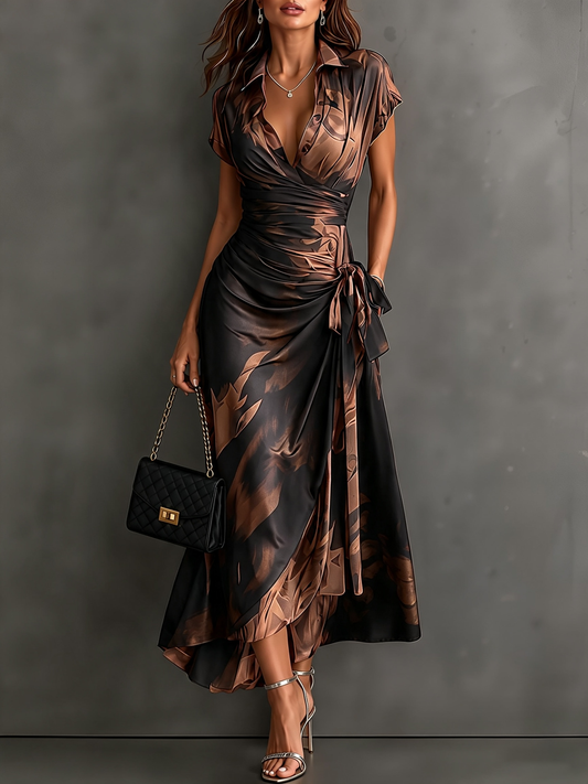 Géraldine - Robe Portefeuille à Imprimé Abstrait Marron et Noir
