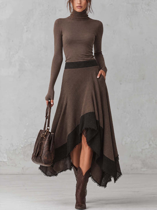 Anne-Charlotte - Ensemble Col Roulé et Jupe Asymétrique Color Block