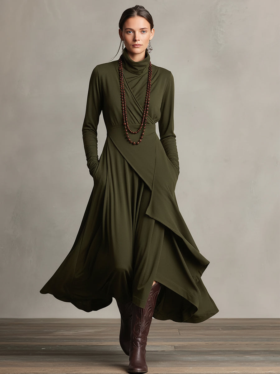 Édith - Robe Maxi Bohème en Coton à Col Montant et Drapé Asymétrique