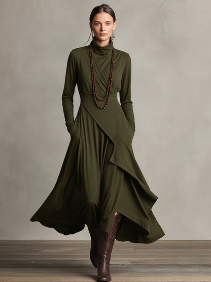 Édith - Robe Maxi Bohème en Coton à Col Montant et Drapé Asymétrique