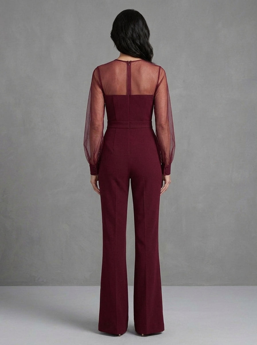 Fedra - Combinaison Élégante en Tulle Transparent et Jambes Évasées, Bordeaux — photo 2