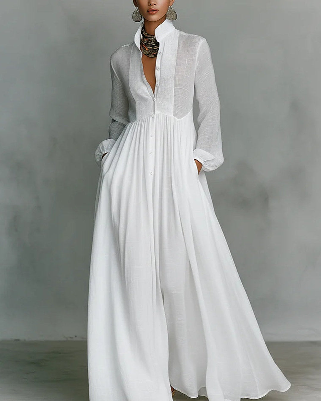 Léonie | Robe Longue Minimaliste à Col Mao