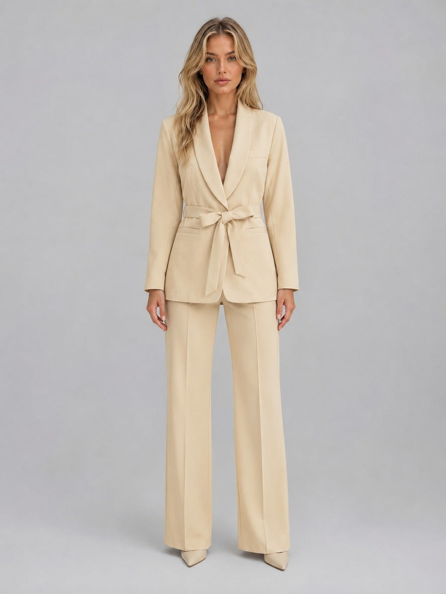 Sybille - Ensemble Deux Pièces Blazer Col Châle Ceinturé et Pantalon Large