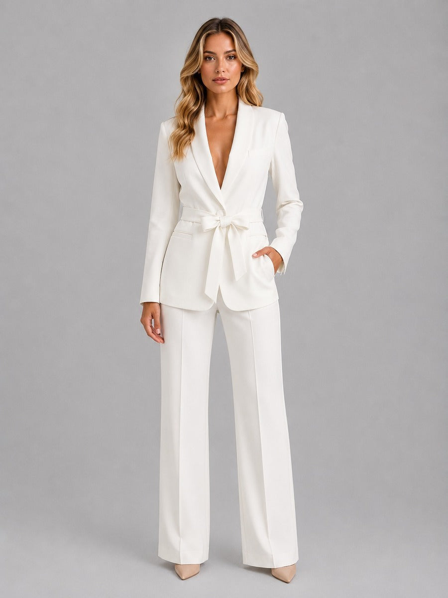 Sybille - Ensemble Deux Pièces Blazer Col Châle Ceinturé et Pantalon Large