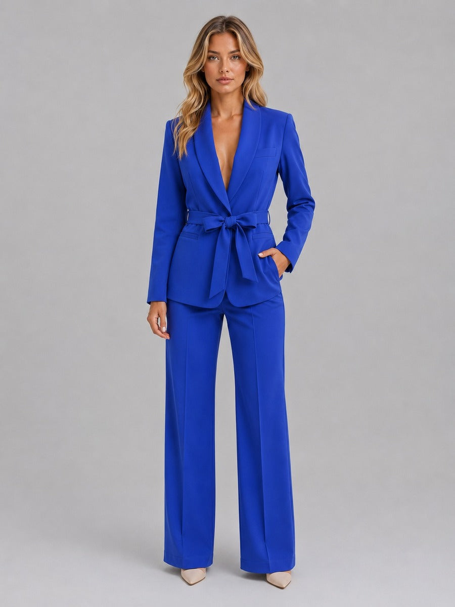 Sybille - Ensemble Deux Pièces Blazer Col Châle Ceinturé et Pantalon Large