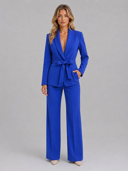 Sybille - Ensemble Deux Pièces Blazer Col Châle Ceinturé et Pantalon Large