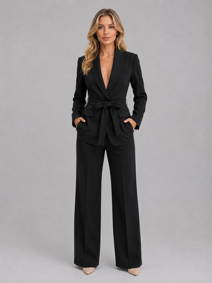 Sybille - Ensemble Deux Pièces Blazer Col Châle Ceinturé et Pantalon Large