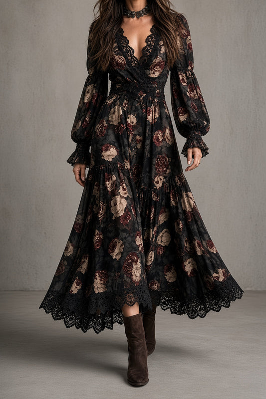 Hélène | Robe Vintage Fleurie à Détails en Dentelle