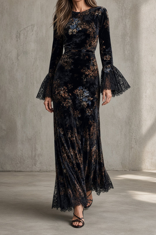 Lucie | Robe en Velours à Manches en Dentelle
