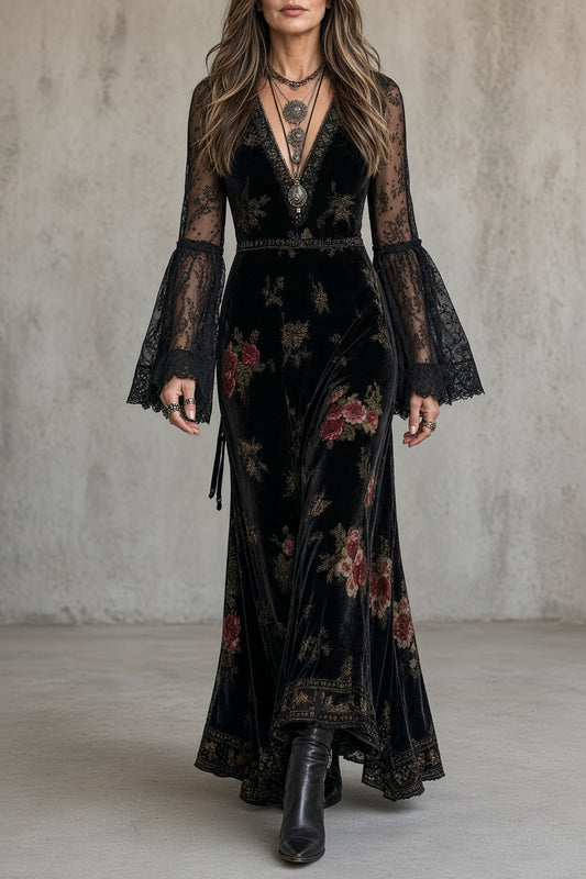 Nathalie | Robe en Velours à Manches en Dentelle