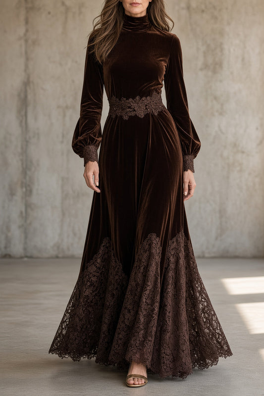 Monique | Robe en Velours à Détails en Dentelle